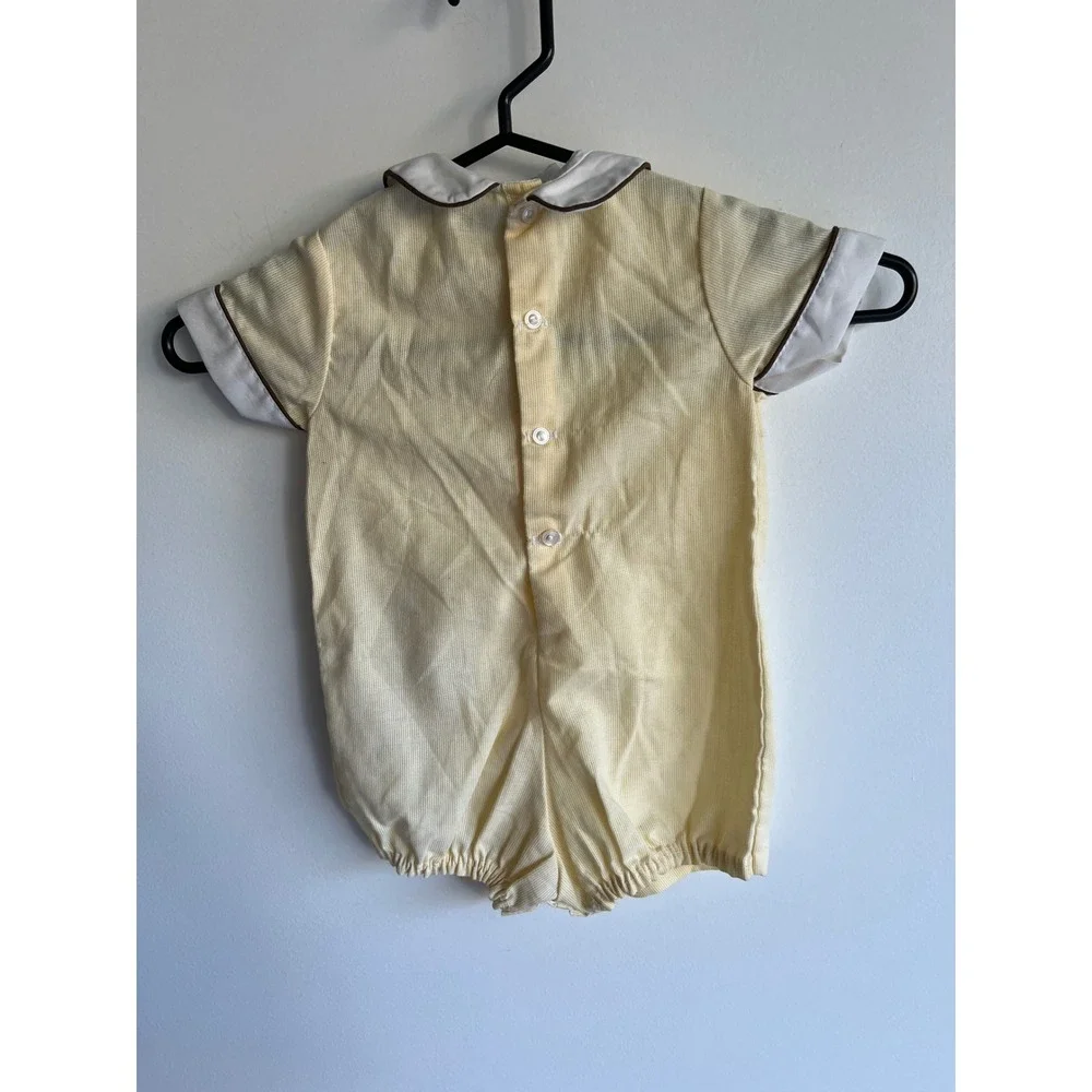 Vintage Yellow Seersucker Baby Romper Animal Embroidery Peter‎ Pan Collar 1/2